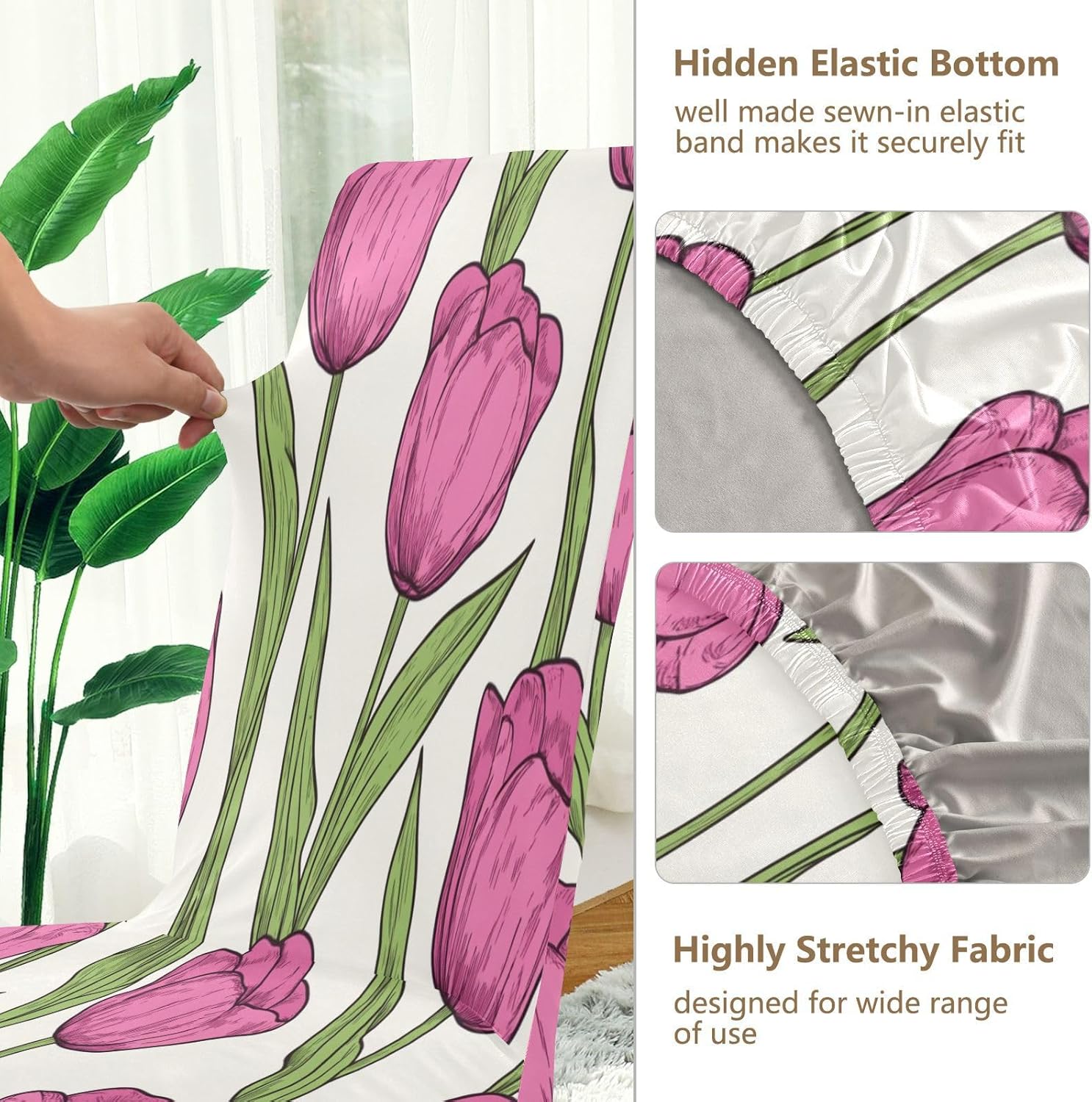 ALAZA Chair Covers for Dining Room, Cute Doodle Romantic Pink Tulips Flower Stretch Chair Cover Sets Chair Protector Removable Washable for Ktichen Restaurant Hotel