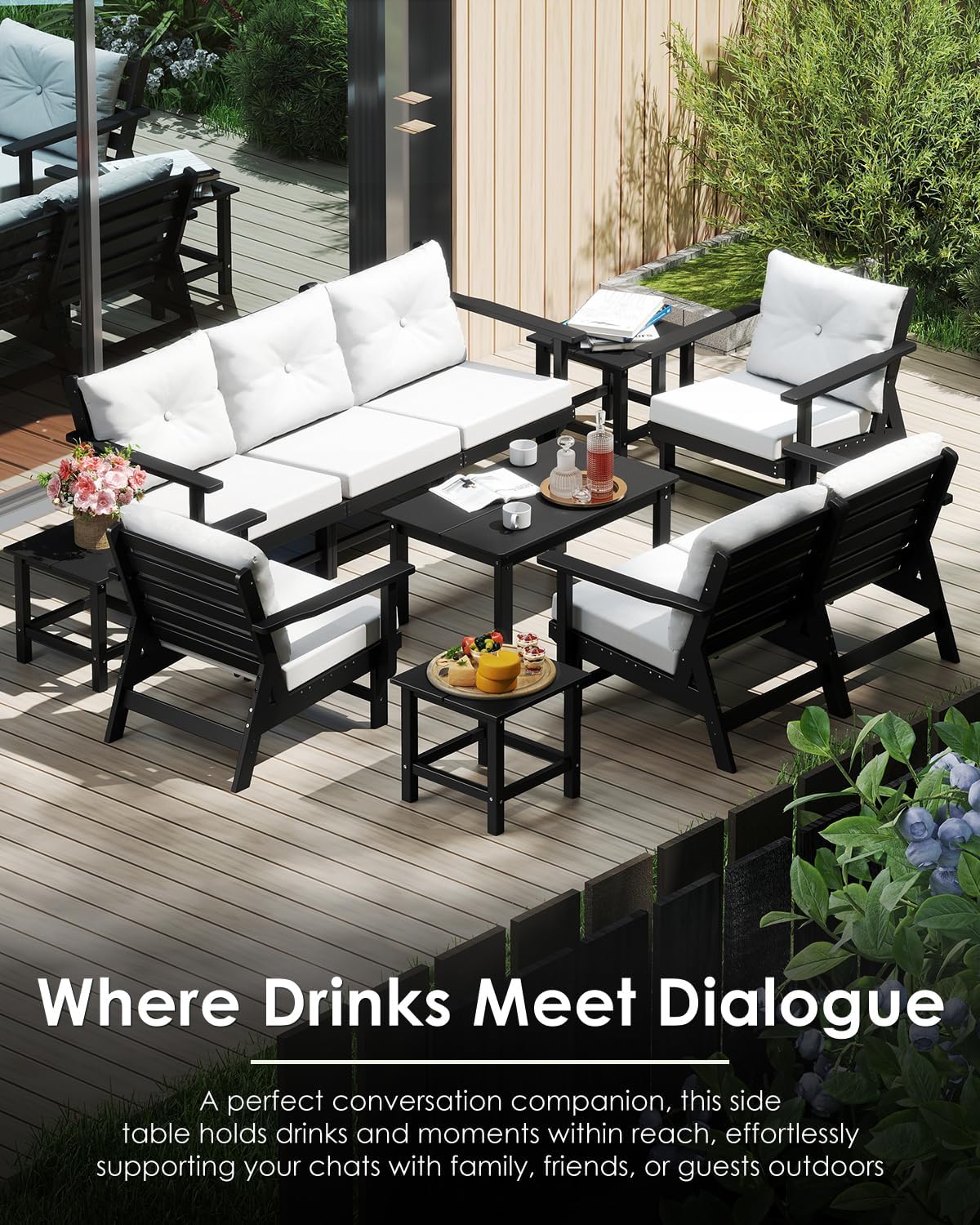 GREENVINES Adirondack-Outdoor-Side-Table | 18 x 18 Inches | HDPE Plastic | All Weather | Outside Couch Tables for Conversation Set | Black | for Patio Porch Deck Lawn