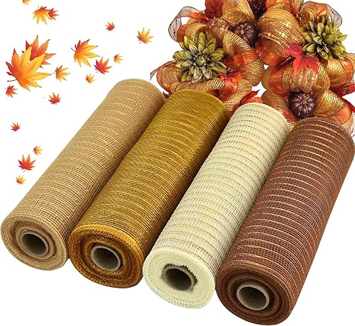TONIFUL 4 rollos de cintas de malla decorativas de 10 pulgadas, color dorado oscuronaturalezacremamarrón, papel de aluminio metálico, suministros