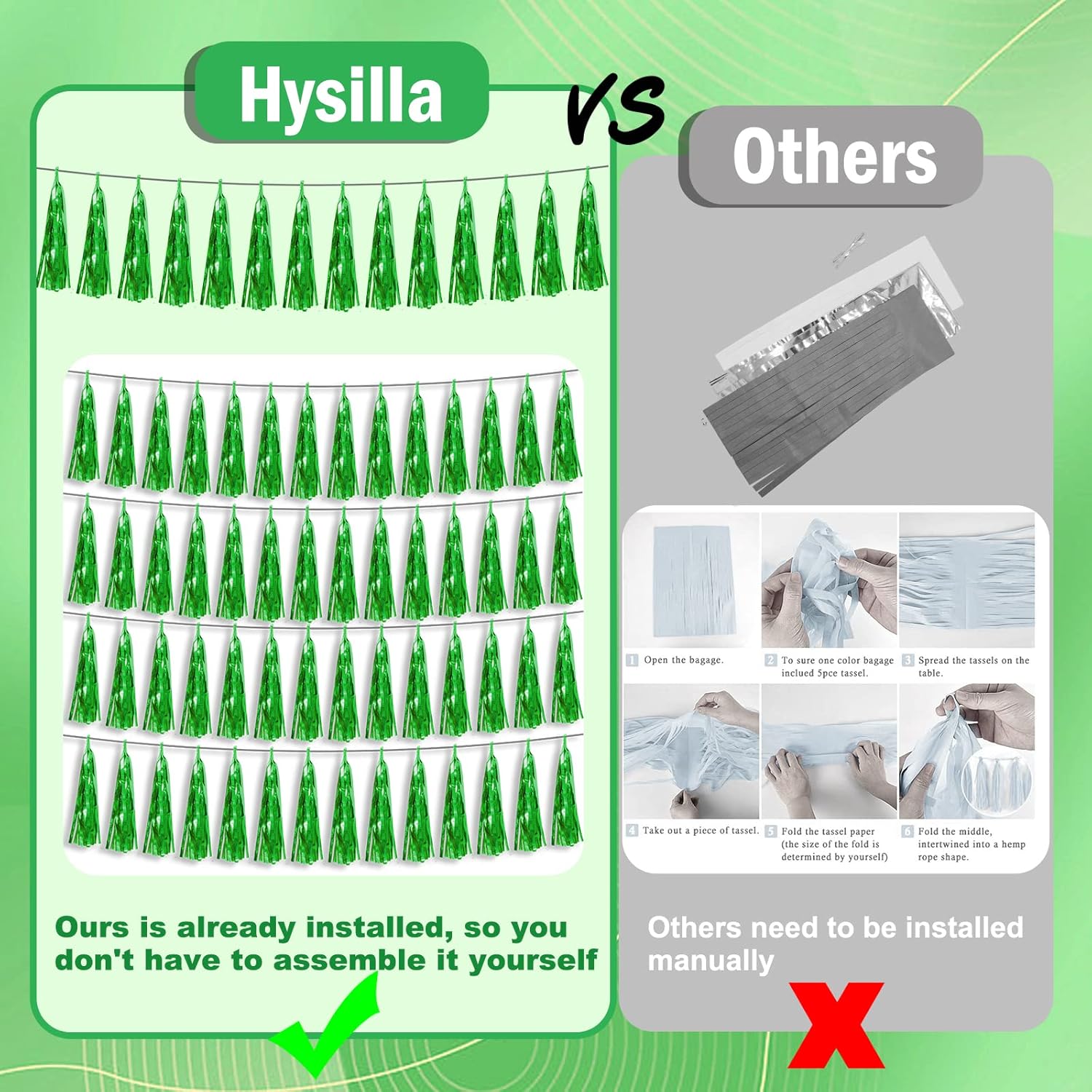 6P Green Foil Fringe Metallic Tassel Streamers Banner Tassel Garland for Parade Floats, Bachelorette, Wedding, Birthday, Graduation, Christmas, Bridal/Baby Shower Party Decorations