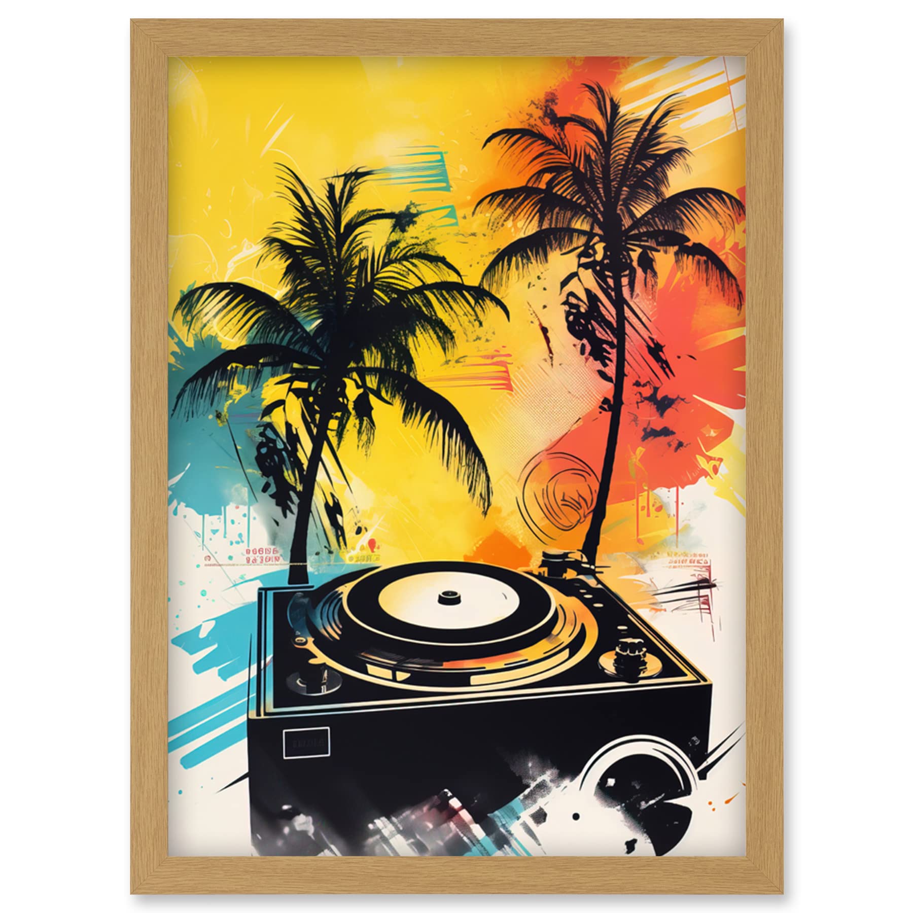 Artery8 Music Under Palm Trees Tropical Beach Party Modern Watercolour Painting Artwork Framed Wall Art Print A4