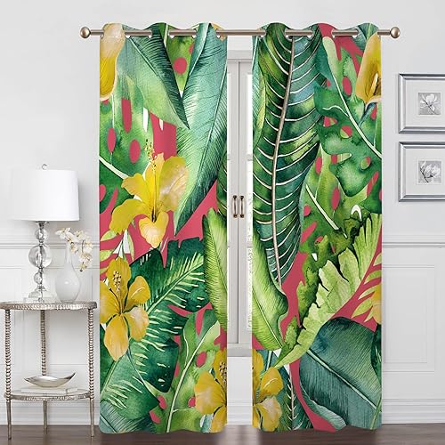 Miniatura 1 de Renaiss Cortinas de plantas tropicales, hojas de palma verdes y flores amarillas, cortinas opacas con ojales en la parte superior, 45 pulgadas de