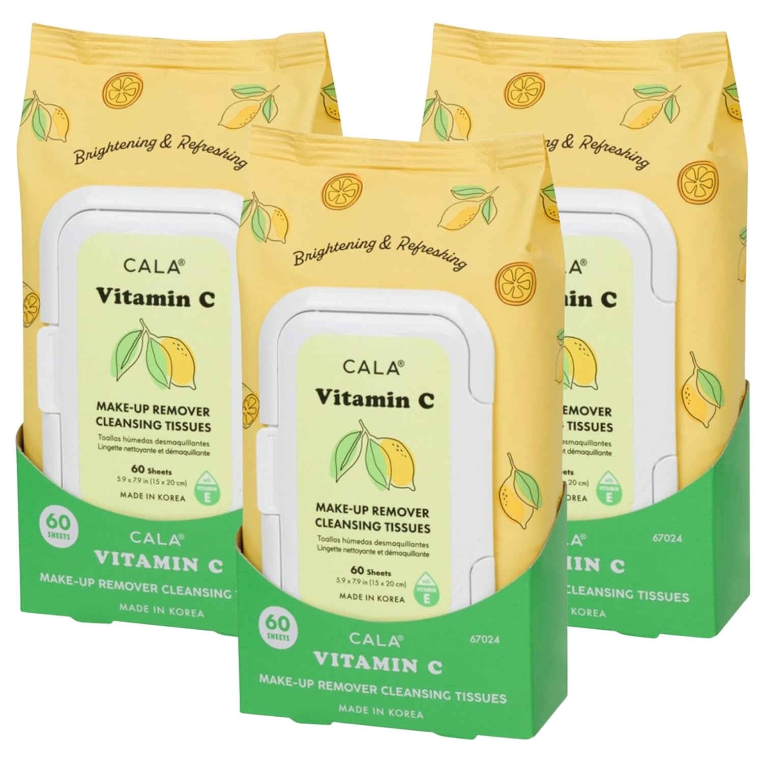 CALA Makeup Remover Cleansing Tissues: Vitamin C (60 Sheets) - Gentle, Hydrating, Antioxidant-Rich Wipes for a Radiant, Even-Toned Complexion (180 count, Pack of 3)
