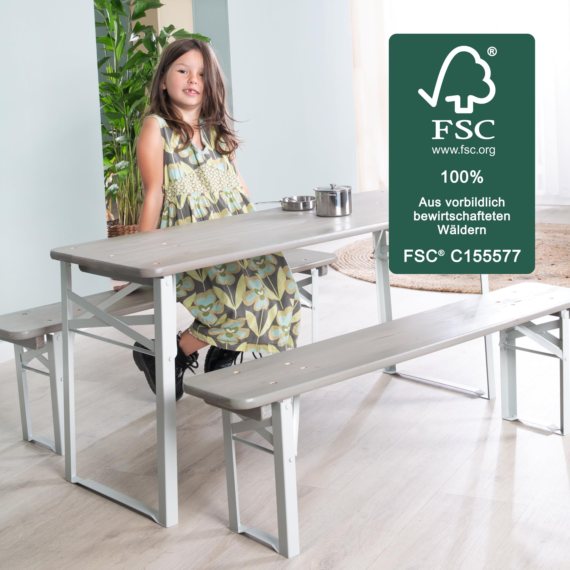 roba Table et 2 Bancs de Jardin pour Enfants dès 2 Ans - 4 Places - Bancs Pliants et Table Rectangulaire Pliante - Ensemble de Camping en Bois Massif Gris