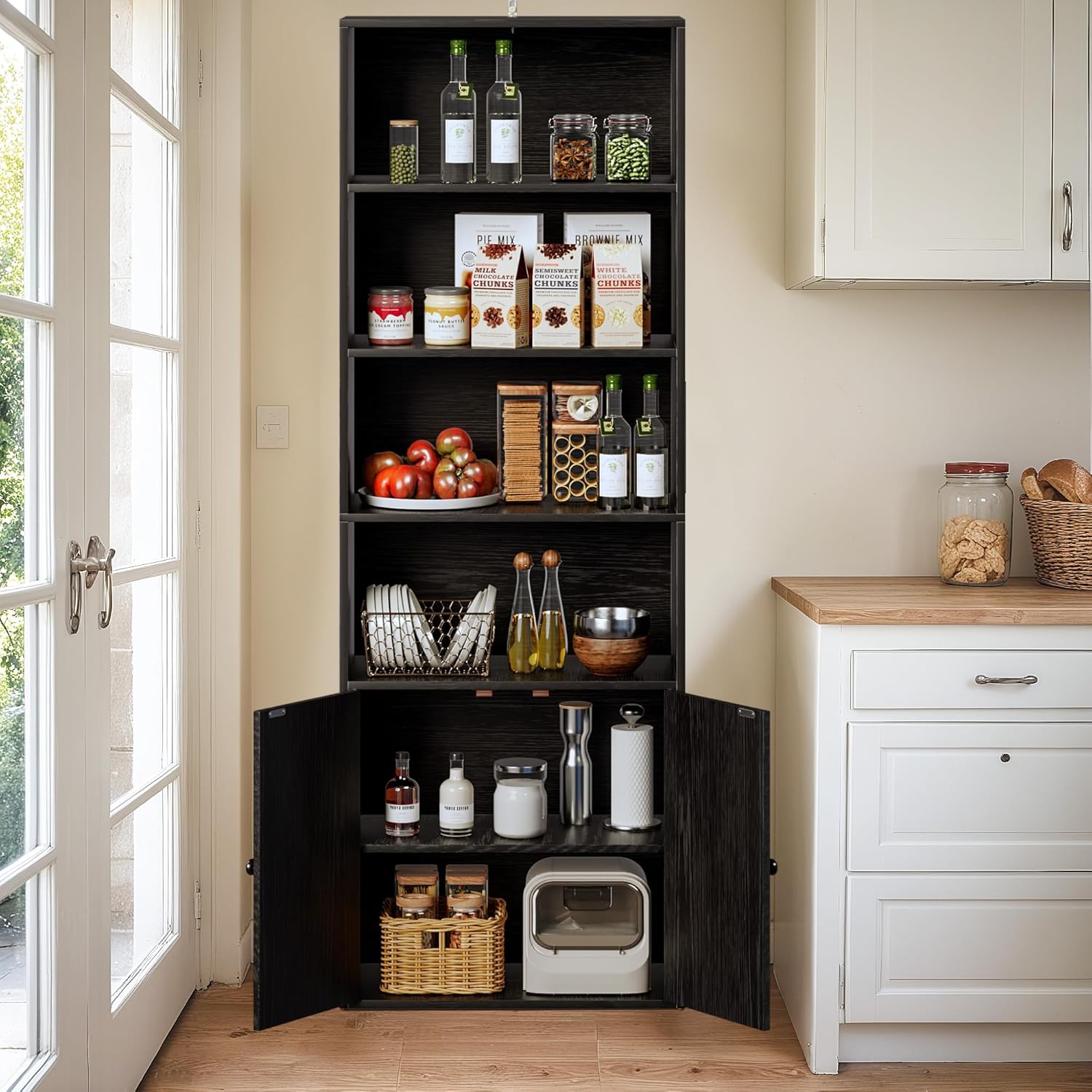 Furniwell Industrial Bookshelf and Bookcases with Doors Modern Bookshelf Cabinet Tall Book Shelves Storage for Home Office, Bedroom (Deep Black)