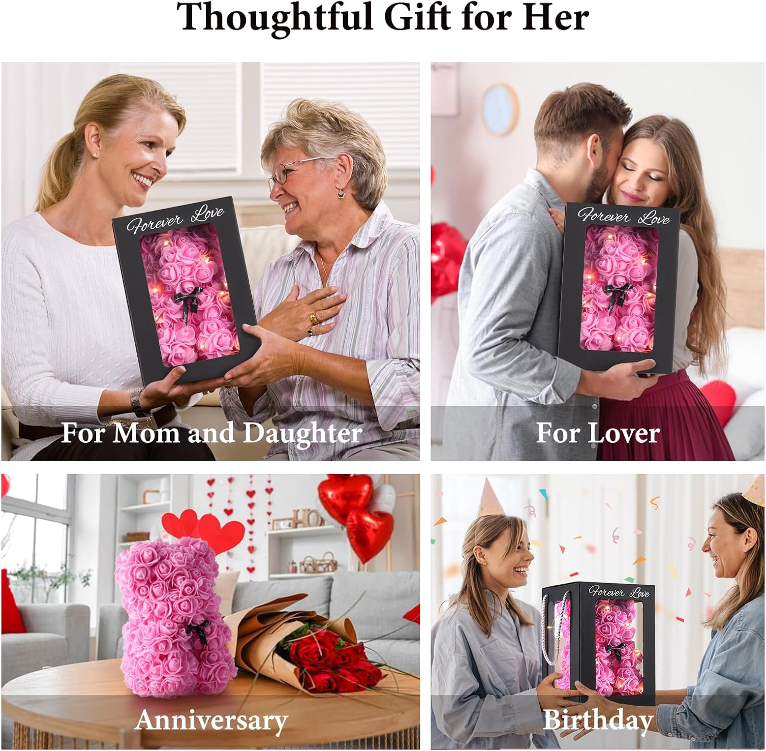 MACTING Rose Bear for Valentines Day Gifts 10 Inch Pink Flower Teddy Bear with Lights I Love You Necklace Card Balloon Birthday Mothers Day for Mom Wife Women Girlfriend - Image 8