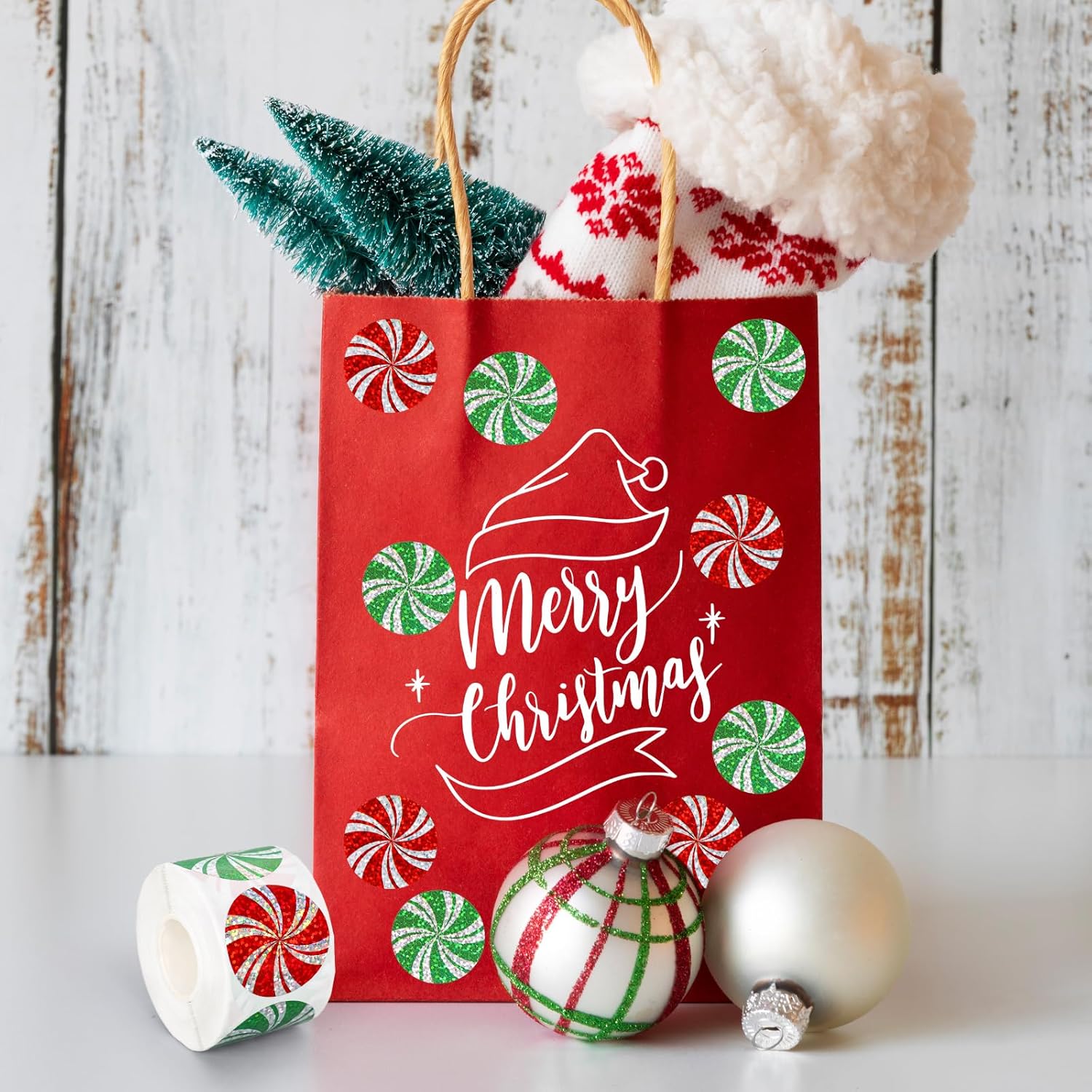 Whaline Christmas Candy Stickers Roll Peppermint Laser Seal Stickers Xmas Red Green Waterproof Self-Adhesive Decals for Envelope Journal Decor Party Supplies, 500Pcs - Image 6