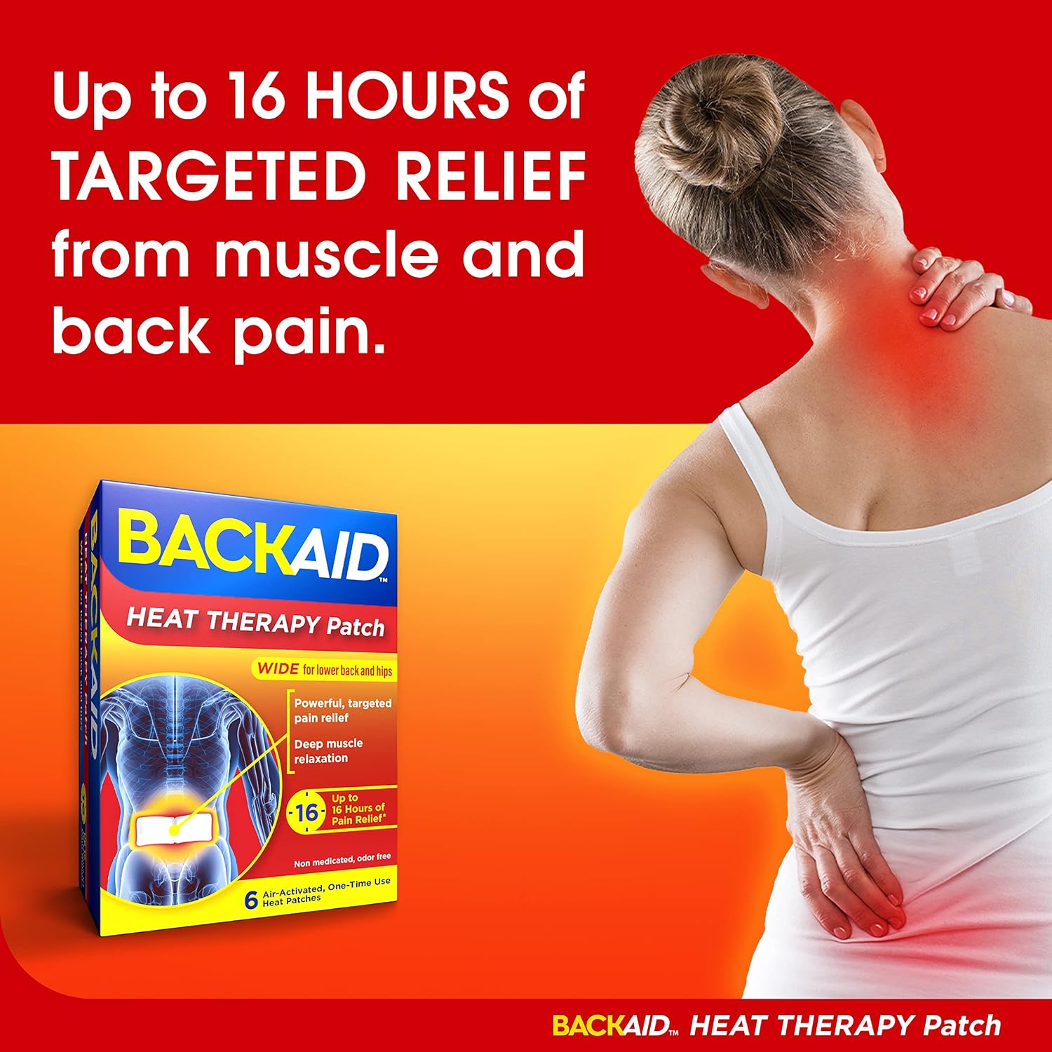 Backaid Heat Therapy Patch, Portable Heating Pad, Wide for Lower Back and Hip Pain Relief, 6 Count, White