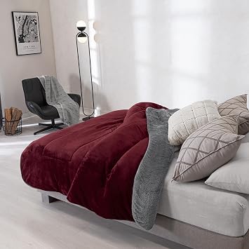 Vianney Ultra-Soft Double-Sided Sherpa Blanket Twin-Full Size 71" x 87" Cozy Plush Fleece Throw Burgundy and Grey Machine Washable