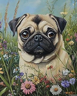 LAENAKR Paint by Numbers for Adults Pug Dog, Paint by Numbers Kit on Canvas for Beginners, Garden Meadows Oil Painting Set Craft Supplies, 16" W x 20" L