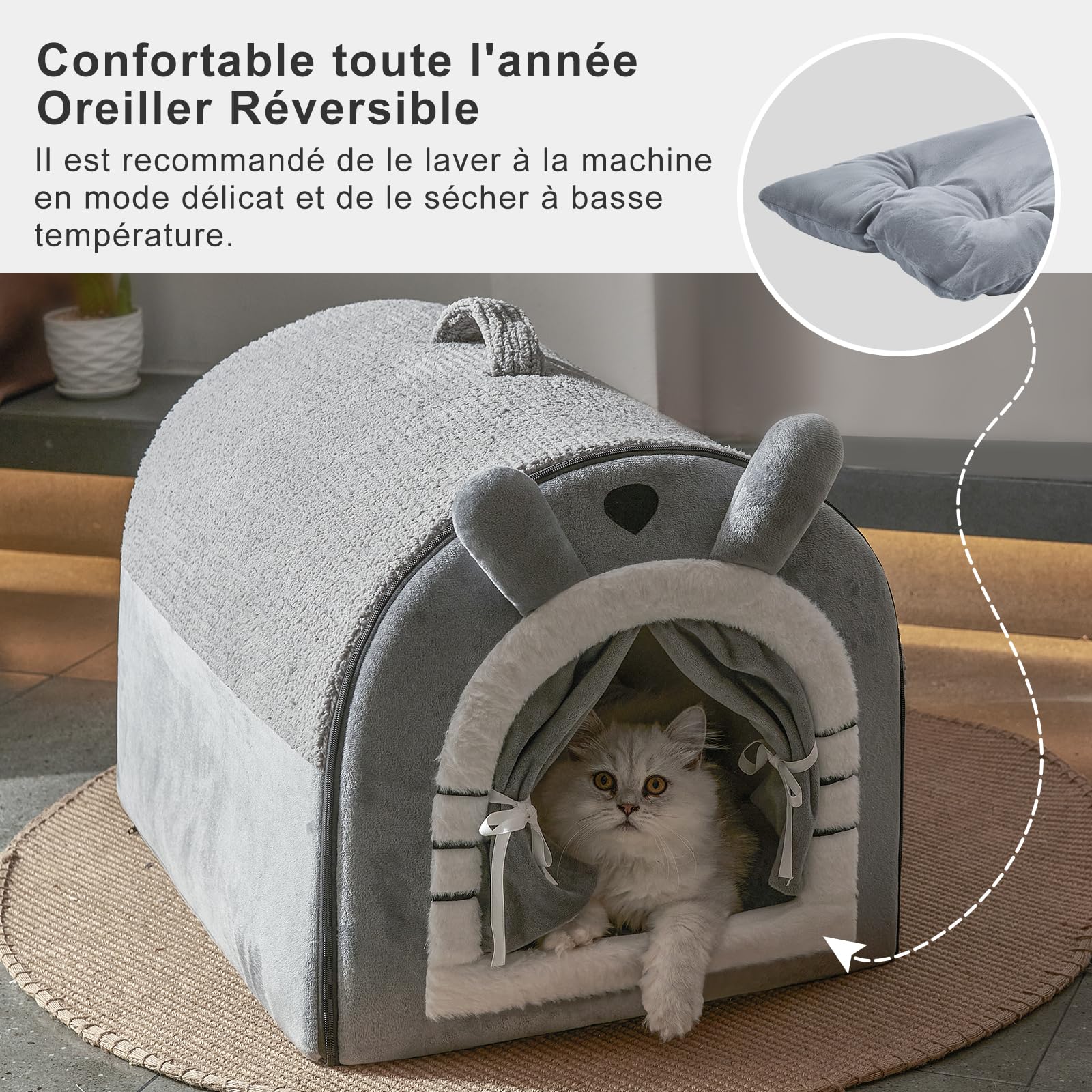 Jiupety Mignonne Niche pour Chien Interieur, Niches à Chien pour Chats et Chiots, Maison Chiens avec Rideau Design, Dog House Taille L, Grey