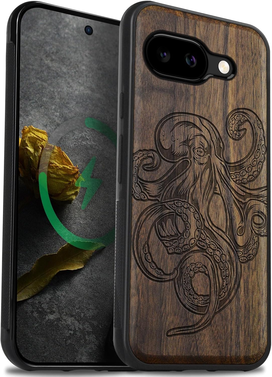 Carveit Magnetic Wooden Case for Google Pixel 9a Case, Wood Artisan Engraved & Soft TPU Shockproof Cover, Compatible with MagSafe Wireless Chargers (Octopus Drawing) Walnut