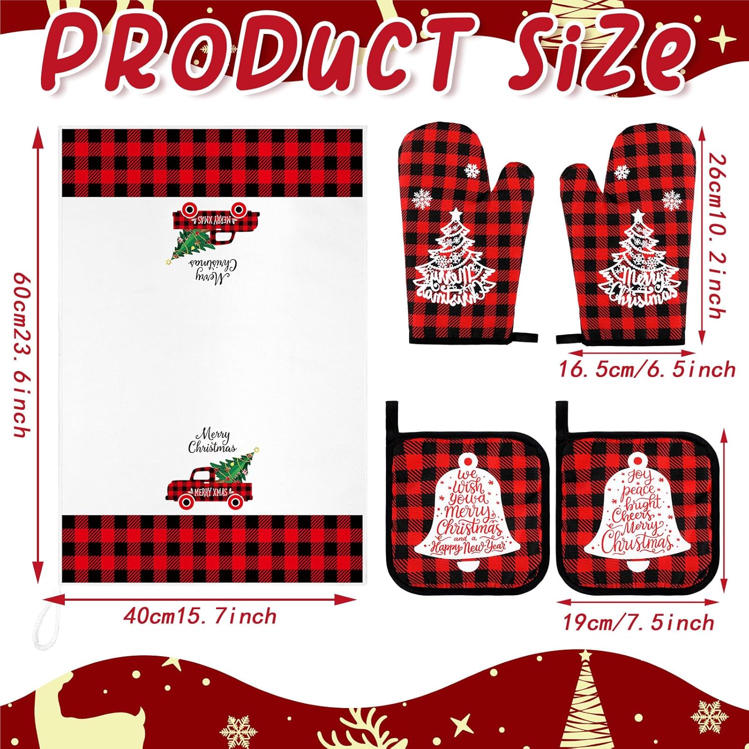 Bencailor 6 Pcs Christmas Kitchen Set Christmas Tree Kitchen Towels Oven Mitts and Pot Holders Set Dish Towel Heat Resistant Oven Mitts for Xmas Decor Cooking Baking Grilling(Truck) - Image 3
