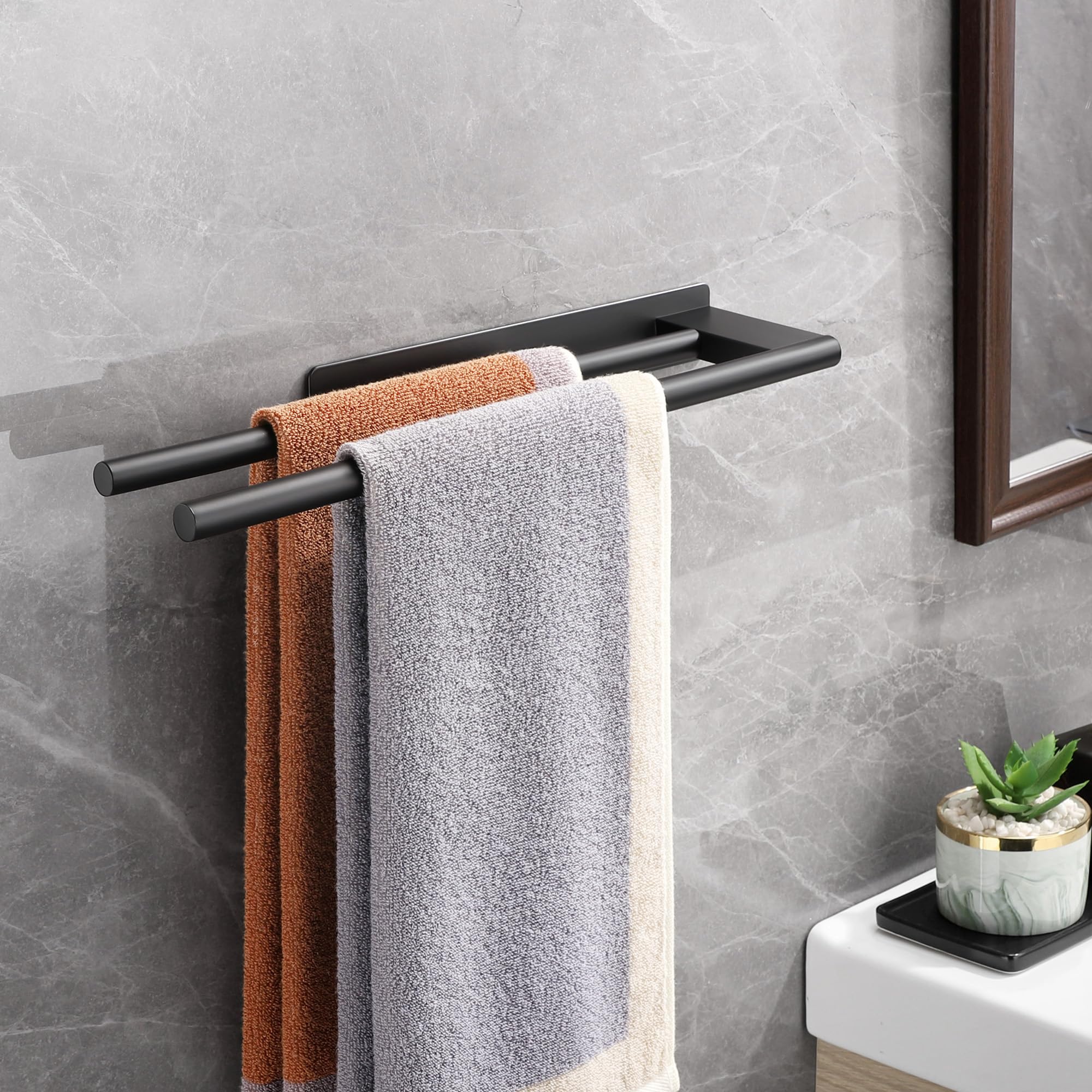 Porte Serviette Salle de Bain en Acier Inoxydable 304 Mat – Porte Serviette Mural Autocollant Double Barre 39 cm Noir – Porte-Serviettes sans Perçage pour Cuisine et Salle de Bain