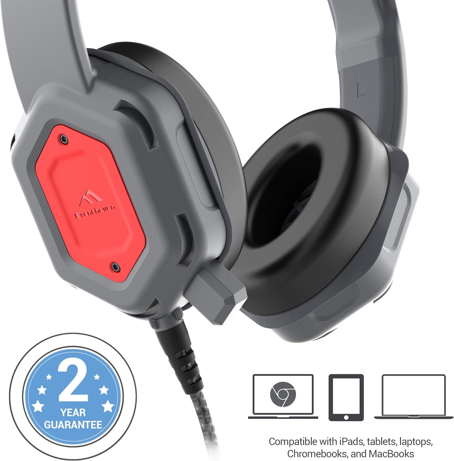 Brenthaven Edge Rugged Over Ear Headset with Durable Ear Pads, Twistable, Durable Headband for K-12 Students, Teachers and Kids – with in-line, Unidirectional Microphone, Gray/Red (10 Pack Headset) : Electronics