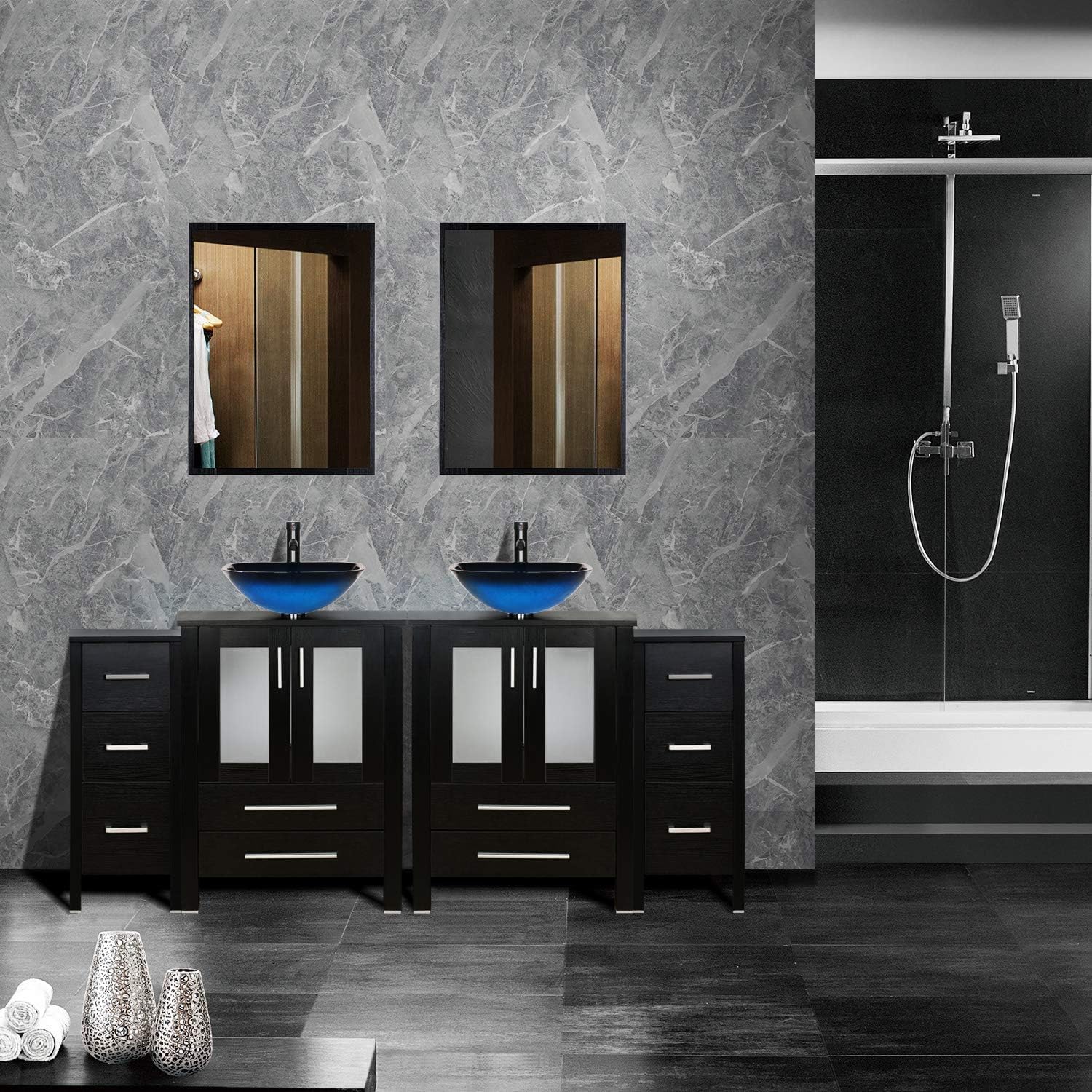 72" Black Bathroom Vanity and Sink Combo,0.5" Tempered Glass Vessel Sink,ORB Faucet,Drain Parts,Bathroom Vanity Top,Round Glass Sink Vessel Bowl,Mounting Ring,Removable Side Vanity,Mirror Not Included