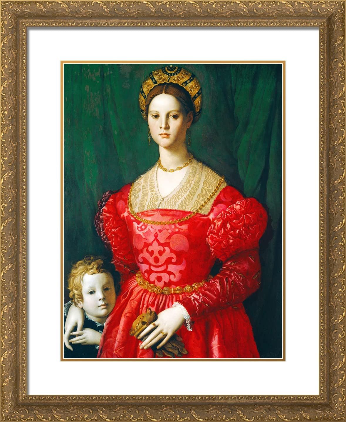 ArtDirect Bronzino, Agnolo 20x24 Gold Ornate Framed Art Print with Double Matting Titled: Portrait of Young Woman with Her Son