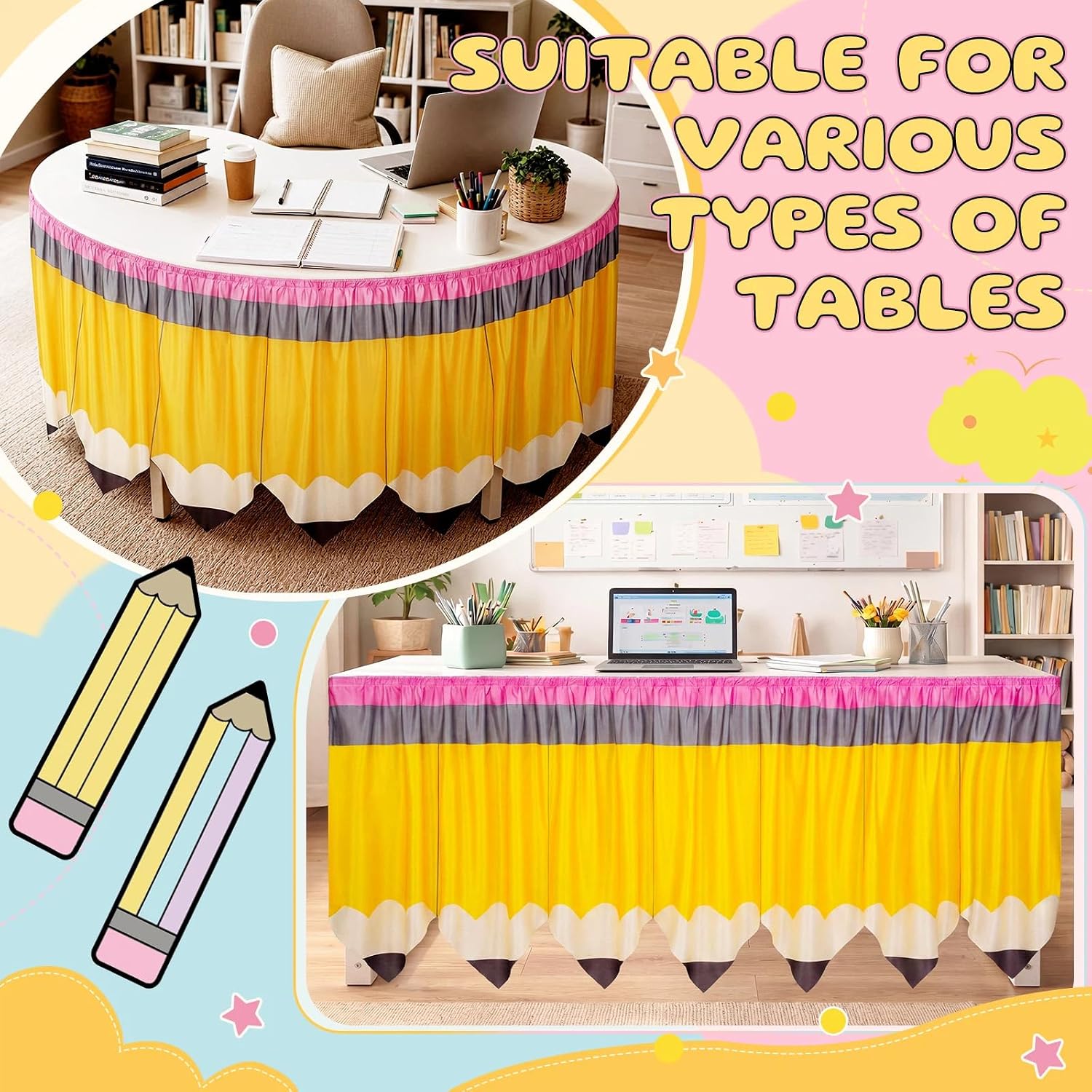 Frienda 6 ft Pencil Table Skirt for Teacher Back to School Classroom Desk Table Cover Skirt Colorful Pencil Rectangular Tablecloth for Teacher Classroom Decorations Preschool Elementary Party Supplies