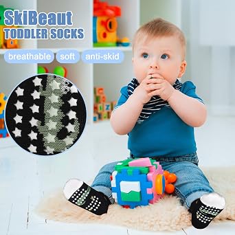 SkiBeaut Toddler Grips Socks, Non Slip Kids Toddlers Boys Girls Grippy Child Socks with Grippers for 1-7 Years Old,12 Pairs