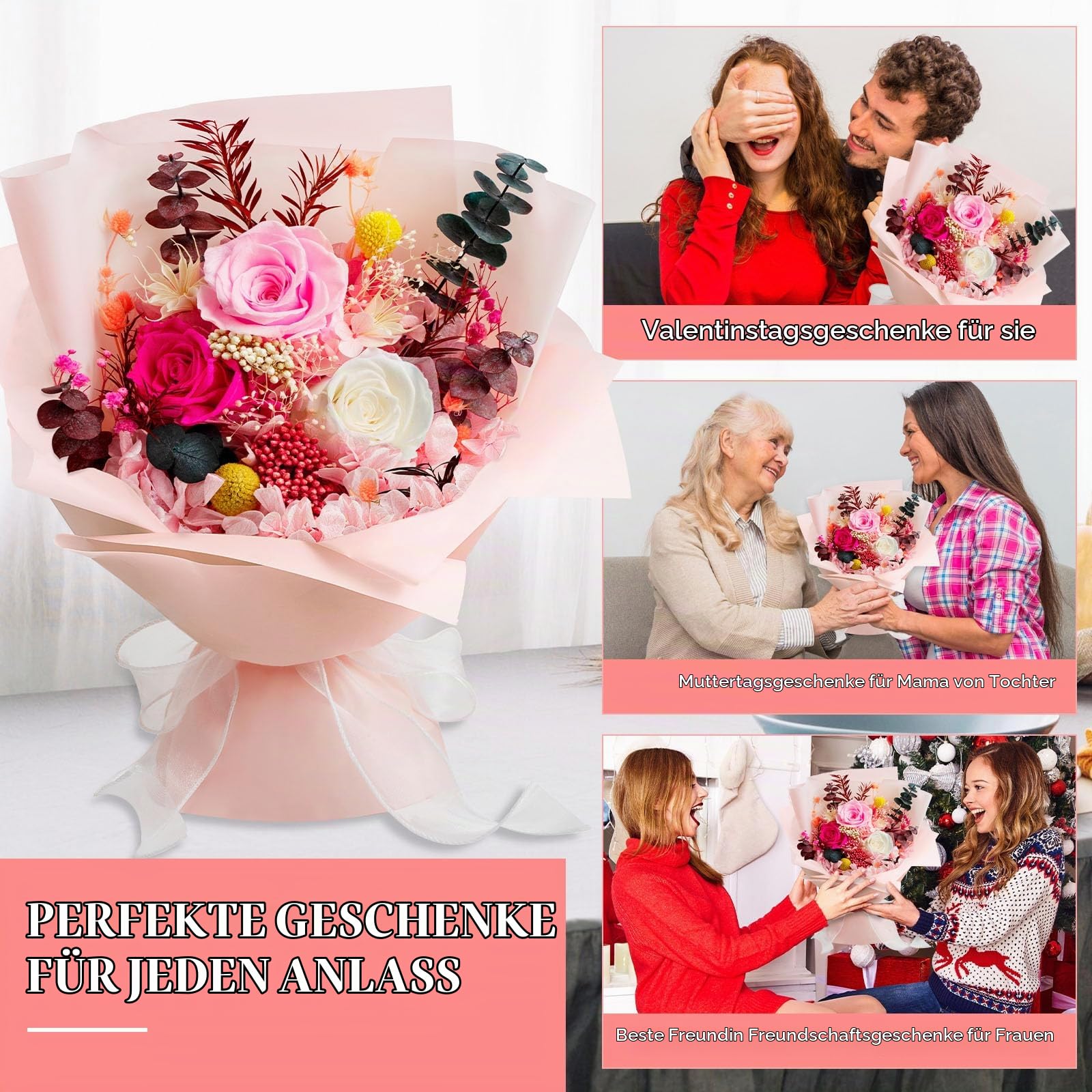 Konservierte Blumen Bouquet, Konservierte Rose Blumen für die Lieferung Prime, natürliche echte Rose dauert 1-3 Jahre, Valentinstag Muttertag Jubiläum Geburtstagsbox für Frau Mutter ihr