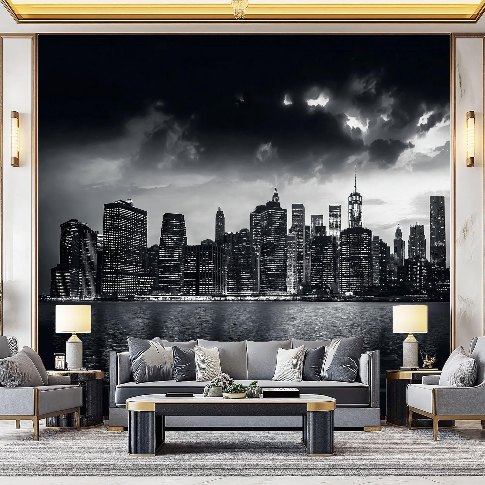 Carta da parati Documentario sulla silhouette architettonica Murale alla moda Decorazione da Muro 350 x 256 cm MuraleModerne Decorazione Soggiorno Camera De Letto Sala Ufficio Nero Bianco