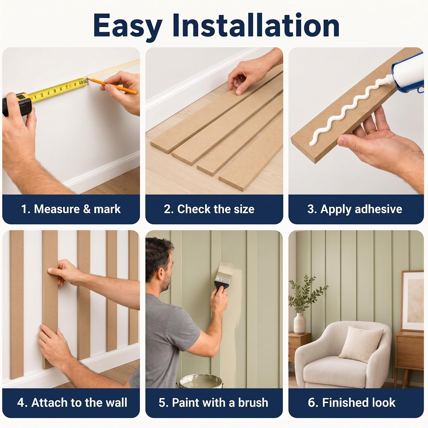 Nuanchu 46 Pcs MDF Board and Batten Wainscoting Kit 145" x 100" Pre Cut Wall Panel Kit Paintable Premade Decorative Wall Accent Molding Trim Slats for Bedroom Living Room DIY Home Decor