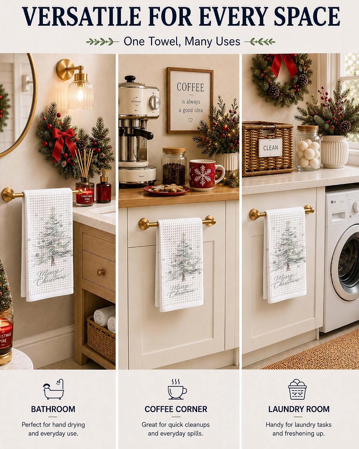 Merry Christmas Kitchen Towels, Gray Green Xmas Tree Tea Towels image 5