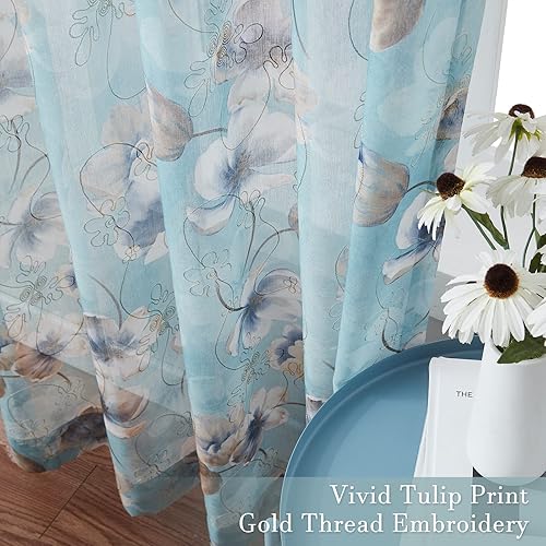 Miniatura 5 de Melodieux Cortina transparente con estampado de hilo dorado con bordado de flores verde azulado para sala de estar, dormitorio, granja con bolsillo