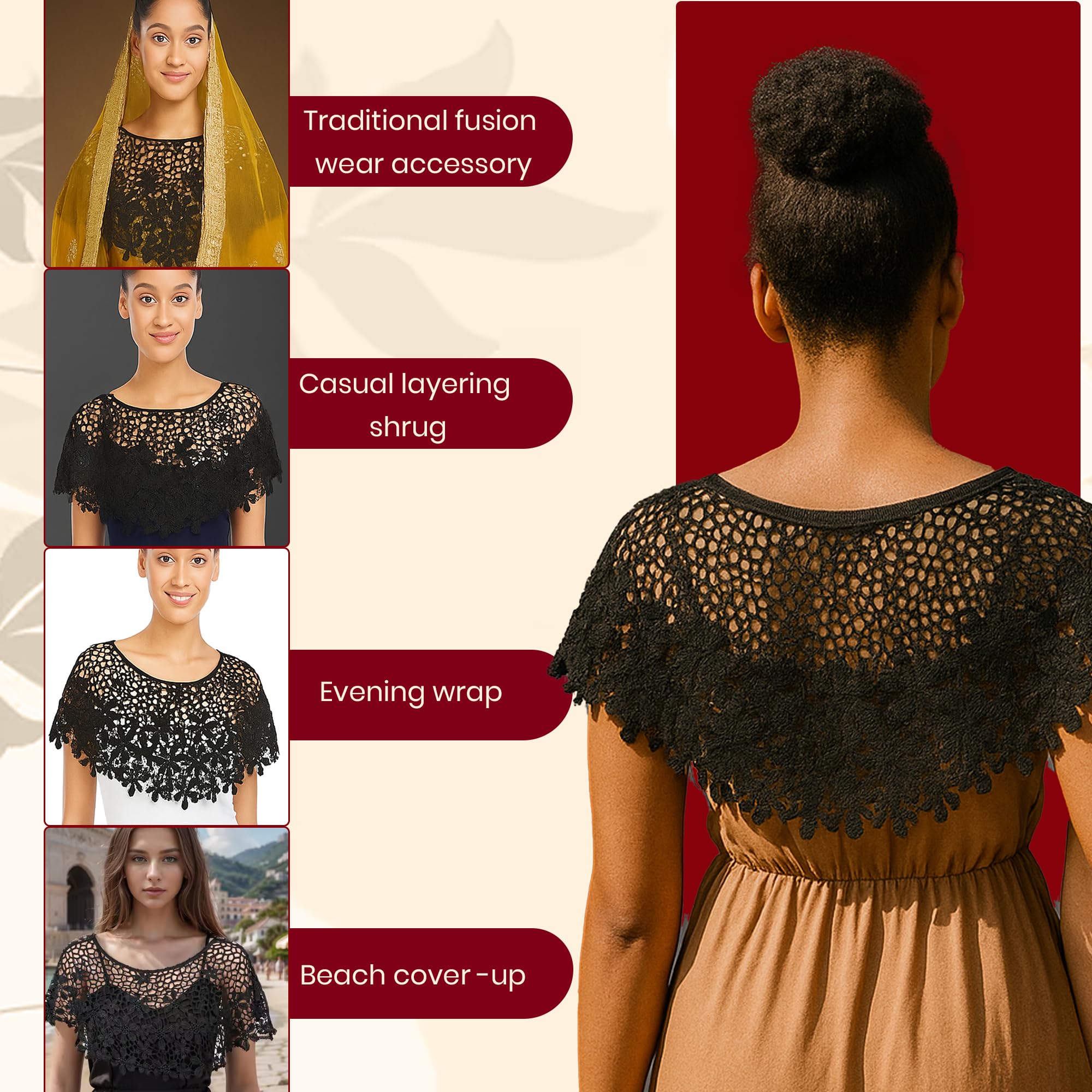 Homeaura® Lace Shrugs for Women | Stylish Cape Poncho Crochet Shrug Floral Pattern Capelets Knitted Cover Up Wraps | Short Hollow Out Net Shrug for Off-Shoulder Strapless Evening Beachwear (Black) - Image 7 thumbnail