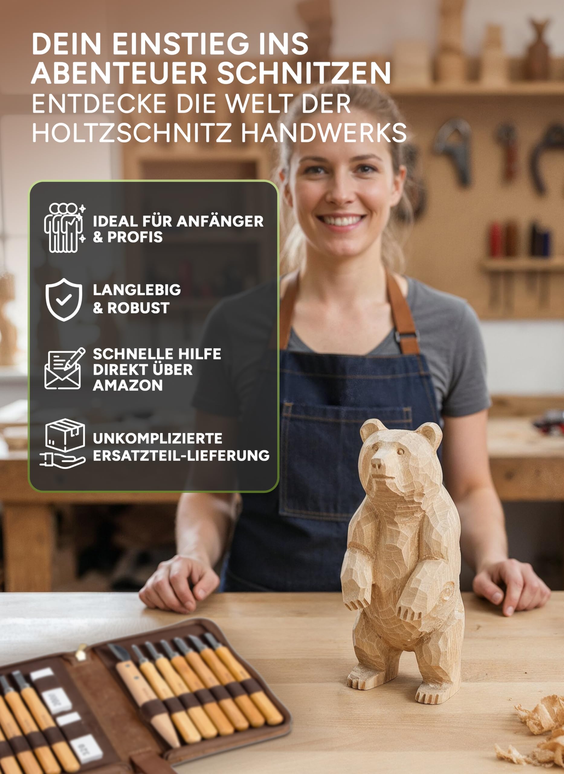 HOLZHELD Set di attrezzi da intaglio (16 pezzi) in custodia in pelle di alta qualità. Set da intaglio con coltelli da intaglio di alta qualità per intaglio, istruzioni incluse (lingua italiana non