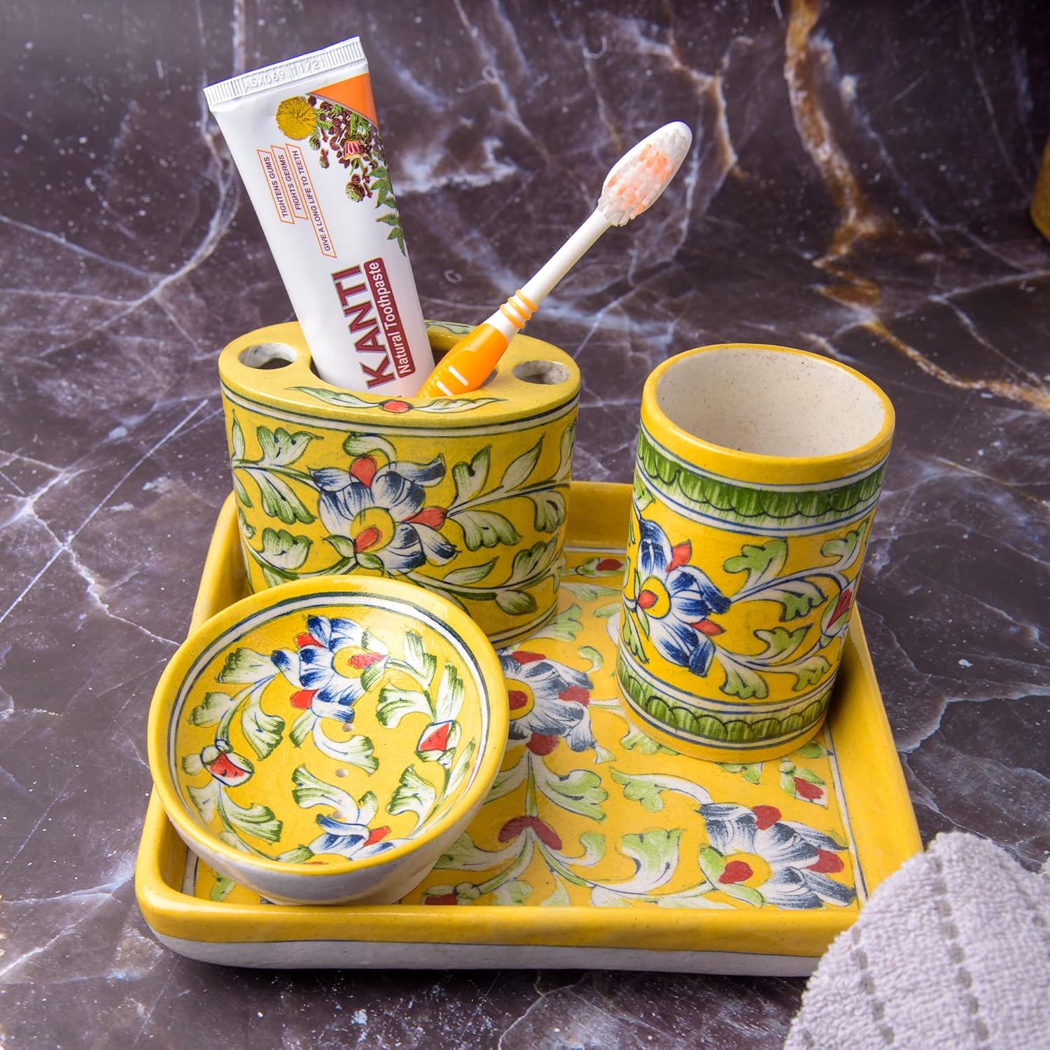 Ceramic Bathroom Set/Accessories, Ceramic Toothbrush Holder, Soap Dispenser, Tray and Soap Dish [Yellow] Ceramic Set for Kitchen Sink and Bathroom Countertop Storage and Organization