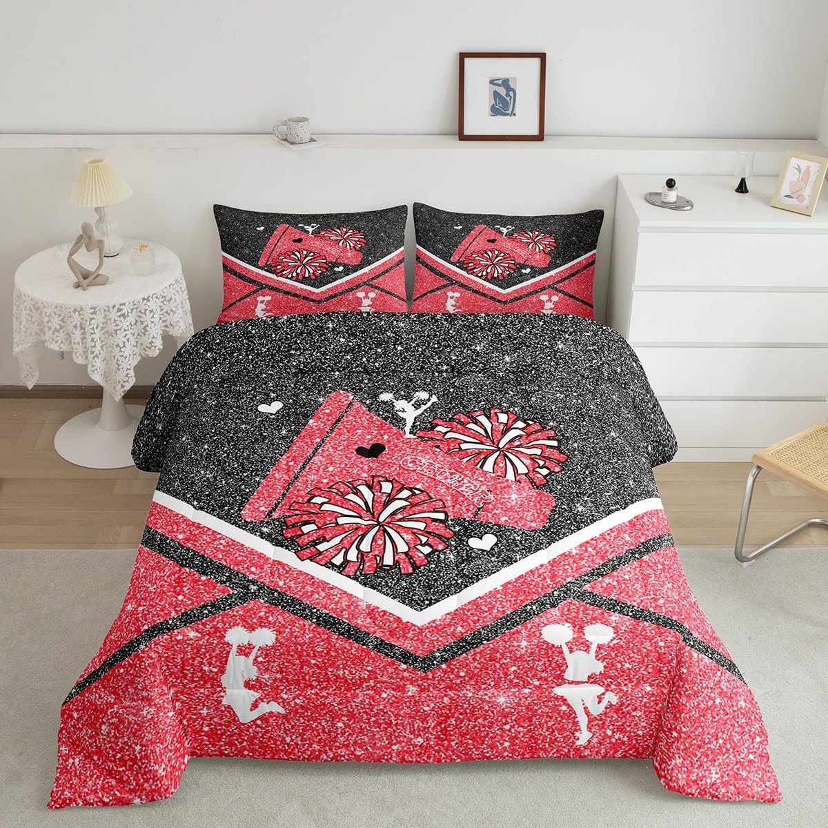 Castle Fairy Cheerleading Theme Comforter Queen,Girls Women Pink Dreamy Splicing Grey Pink Quilt Comforter with 2 Pillowcases,Modern Fashion Luxury Sequin Print Bedding Set Soft and Breathable