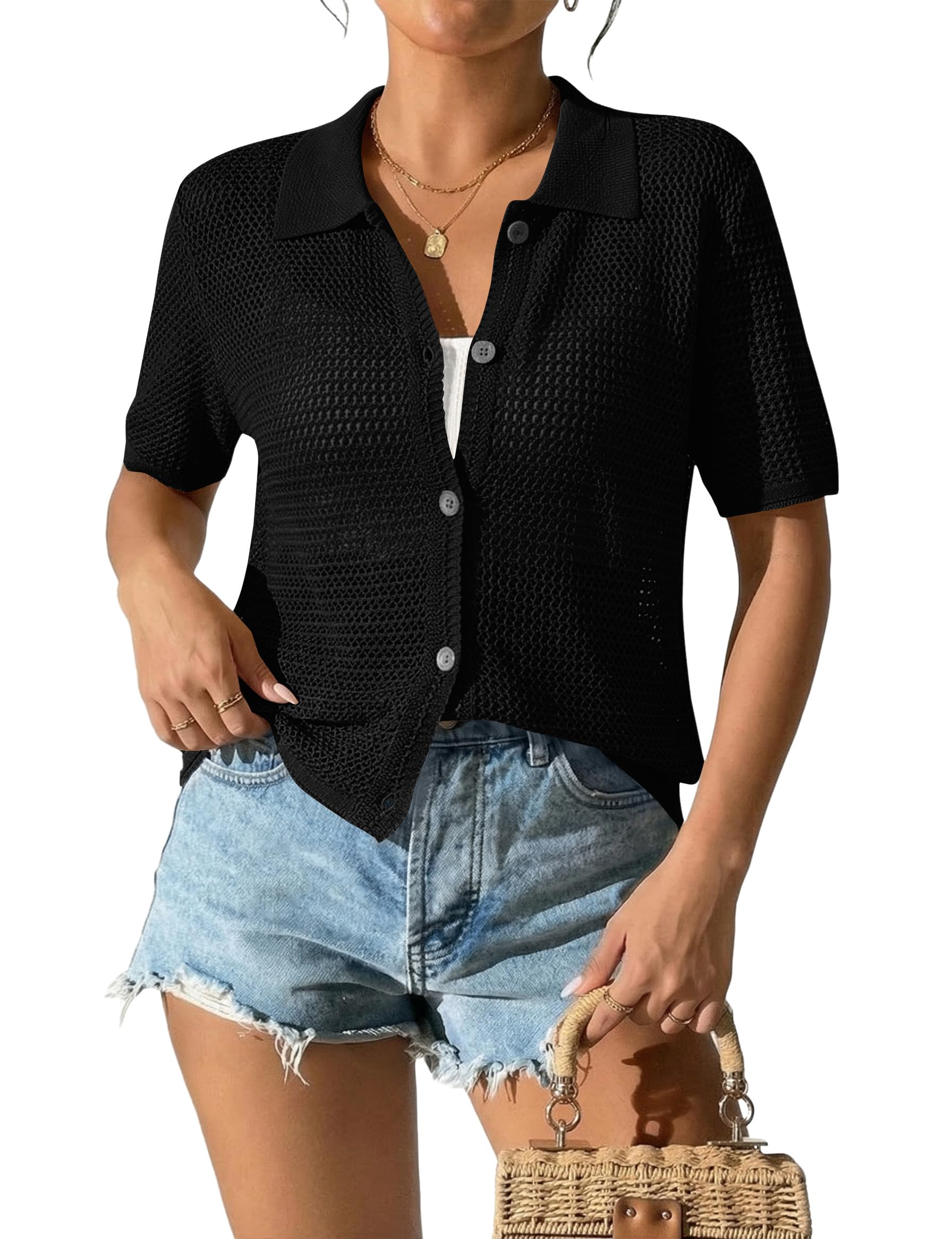 AKEWEI Womens Spring Summer Cardigans Collared Short Sleeve Sweater Shirts Crochet Beach Cover Up Tops