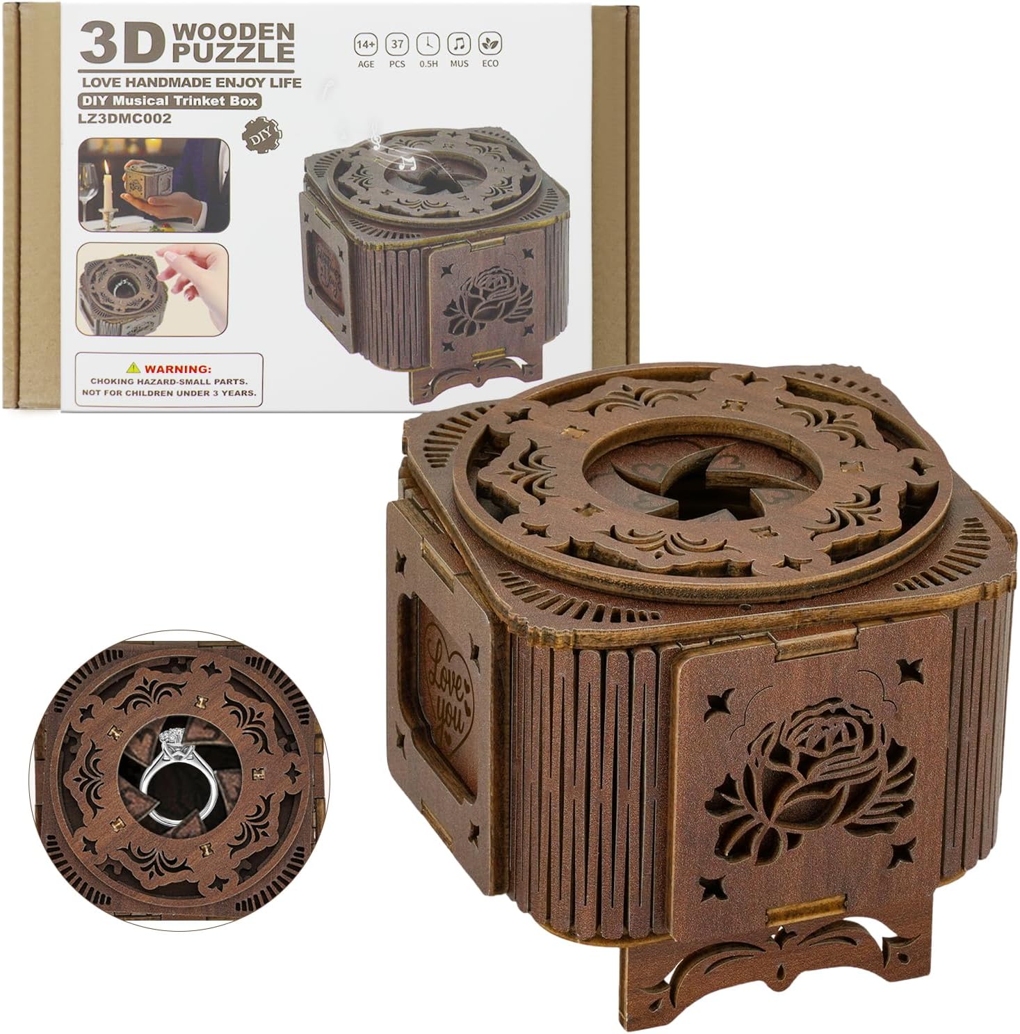 3D Wooden Puzzles Music Box for Adults, Mechanical Jewelry Storage Box, Wooden Ring Box Model Kits, Unique Gifts for Birthday, Anniversary, Mother's Day, Wedding