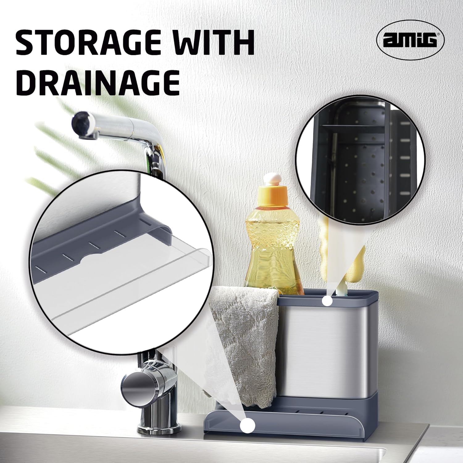 Amig - Noxi Sink Organizer - 15.5 x 11.5 x 18 cm - Stainless Steel and Durable Plastic - Grey - Sponge Holder, Brush and Detergent Holder with Removable Tray