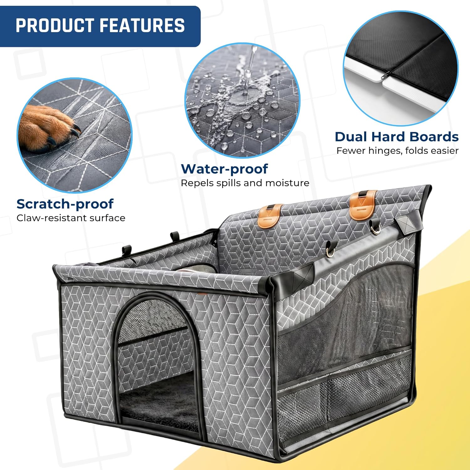 Dog Car Seat for Large Medium Dogs | Waterproof Dog Seat Cover for Back Seat with Hard Bottom | Alloy Twist-Lock Rods | 3 Mesh Windows | Removable Fleece Mat | Cars, SUVs, Trucks (Grey) (Grey)