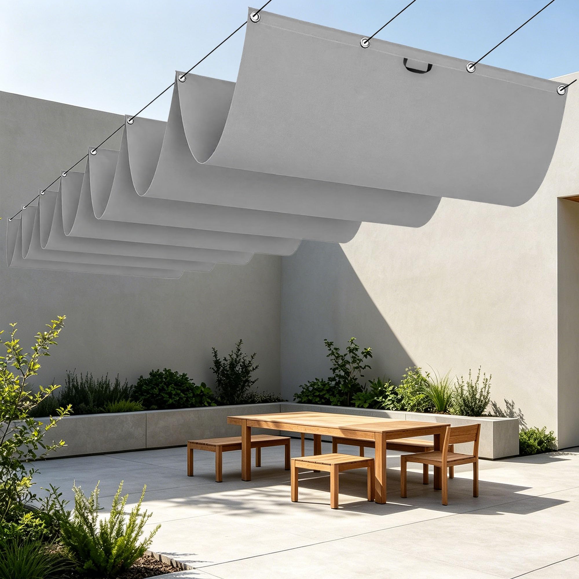Toile ombrage rétractable vague en plein air bâche gris clair pour terrasse et jardin