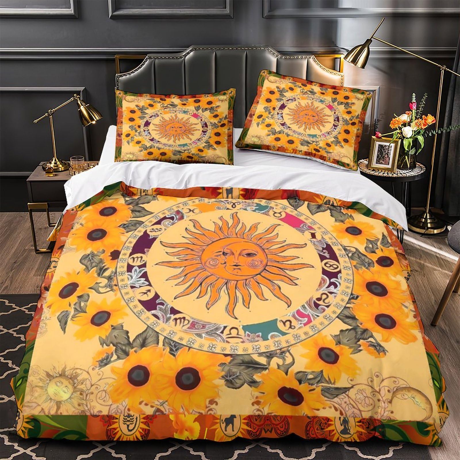 Housse de couette tournesol anti-plis et hypoallergénique pour lit simple
