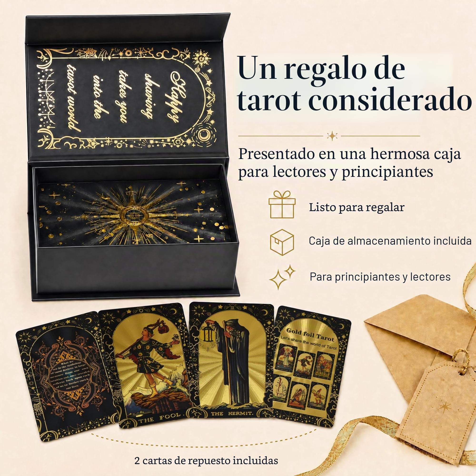 Baraja Tarot Negra y Dorada con Lámina Holográfica, 78 Cartas Rider Waite PVC Impermeables con Guía de 36 Páginas y Caja Magnética, Tarot en Inglés