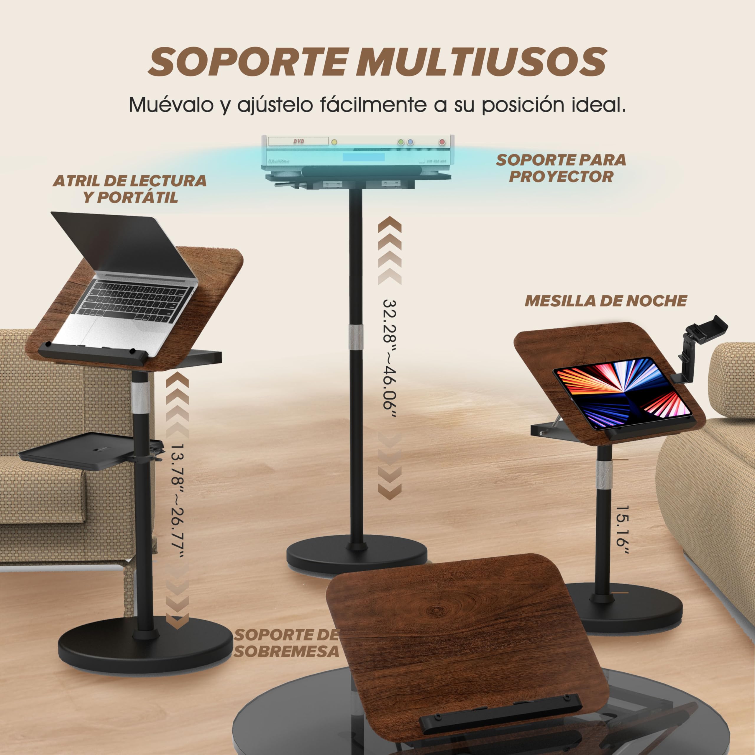 Atril ajustable 2 en 1 para lectura, doble uso, para escritorio y suelo, con bandeja y clips elásticos para partituras, recetas, tabletas y portátiles, altura ajustable de 23,5 a 52 pulgadas (Nogal)