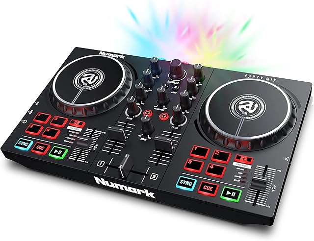 Numark Party Mix II DJ kontroler / zestaw dla początkujących DJ-ów z imprezowym oświetleniem i mikserem do Serato DJ i Algoriddim djay Pro AI