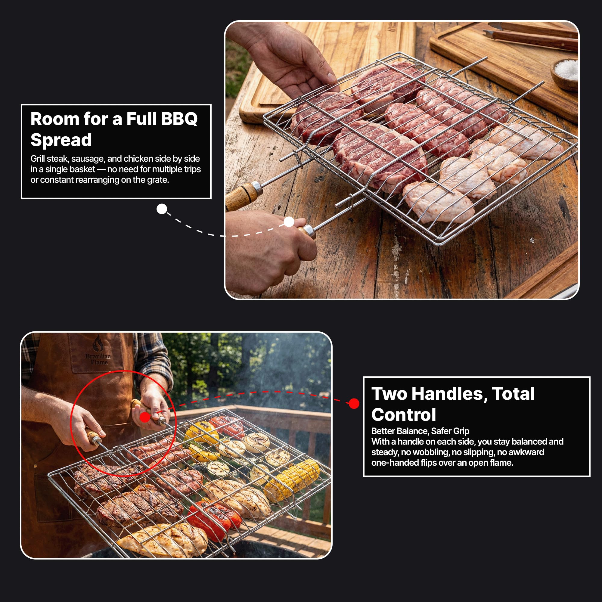 Brazilian Flame Cestino pieghevole per barbecue, in acciaio cromato, per verdure, carne, spiedini e spiedini | Design con bloccaggio su due lati | Adatto a griglie a gas, carbone e fuoco aperto |