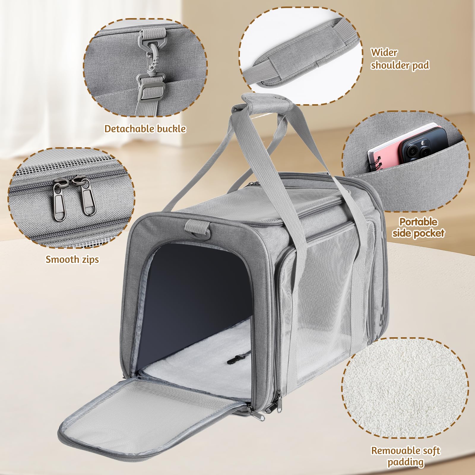 AiQInu Transportin Gato Perro, Transpirable Bolsa de Transporte Gato Plegable, Trasportines Gatos Capacidad de Carga 6 Kg, para Mediano Pequeño Perro Mascotas en Avión