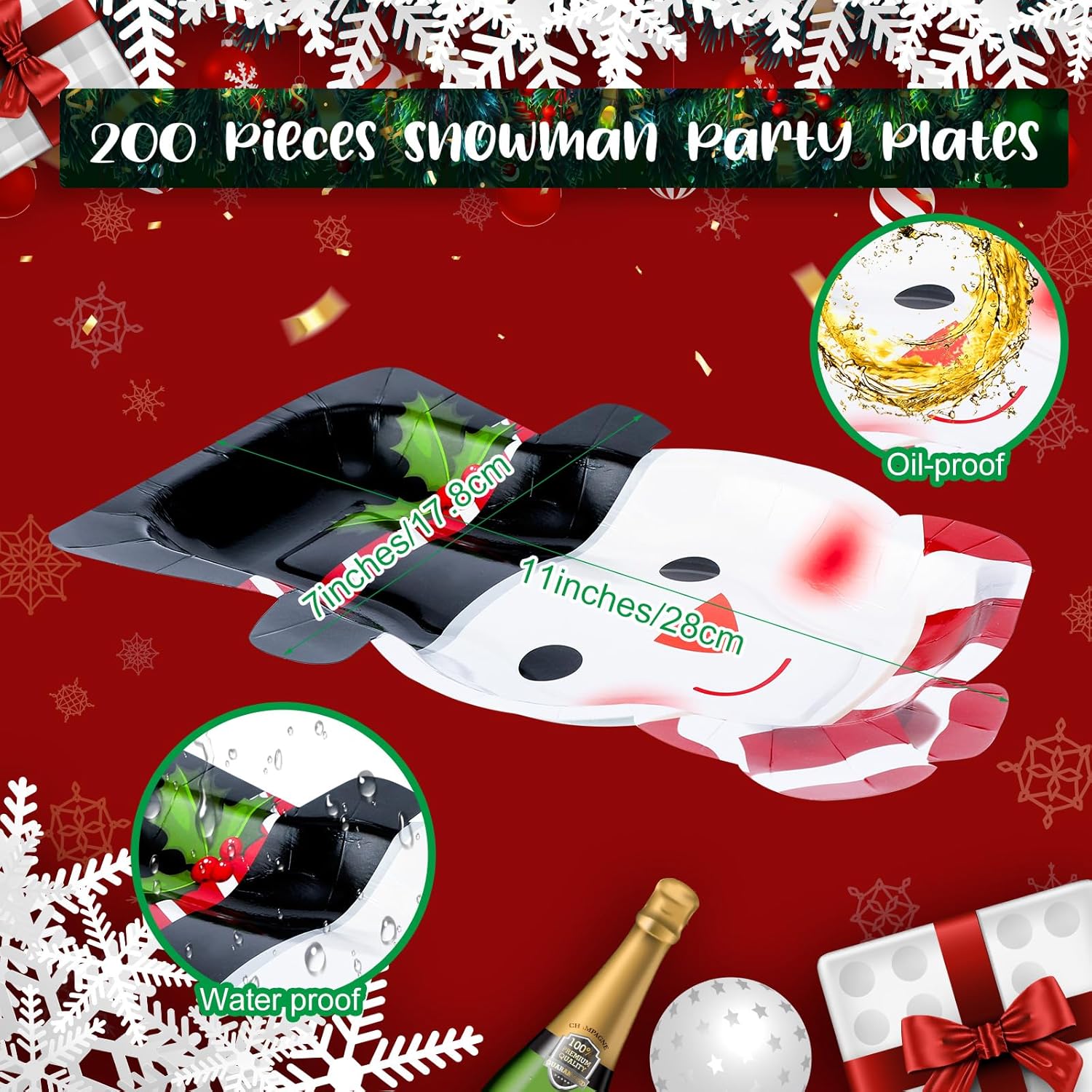 Dandat 200 Pieces Christmas Paper Plates Snowman Party Plates Disposable Winter Holiday Dinnerware for Dessert Cookie Salad Appetizer, 11 x 7 Inches