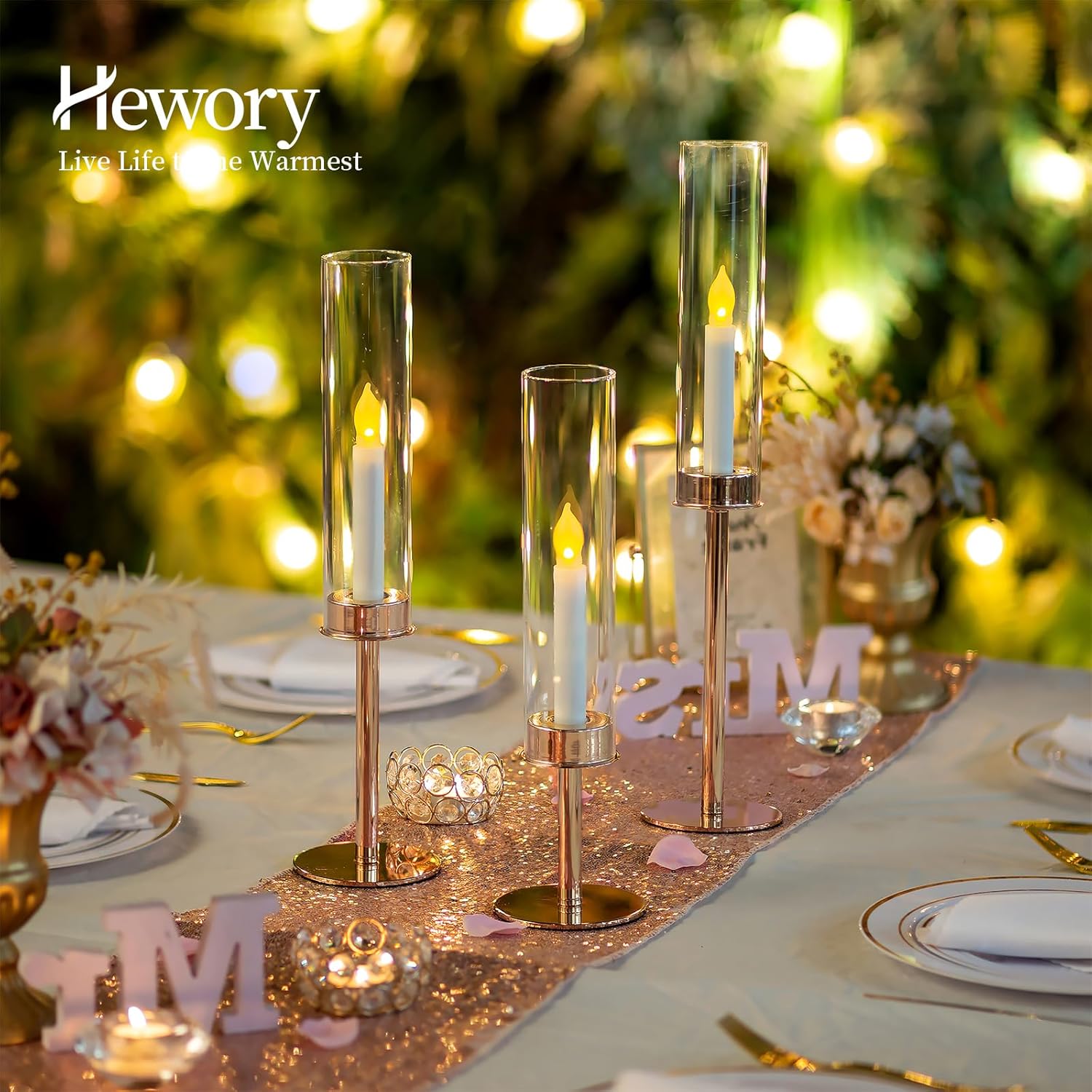 Hewory Gold Candle Holders, 3Pcs Hurricane Candlestick Holders with Glass Candle Cover for Wedding Table Centerpiece Christmas Decor