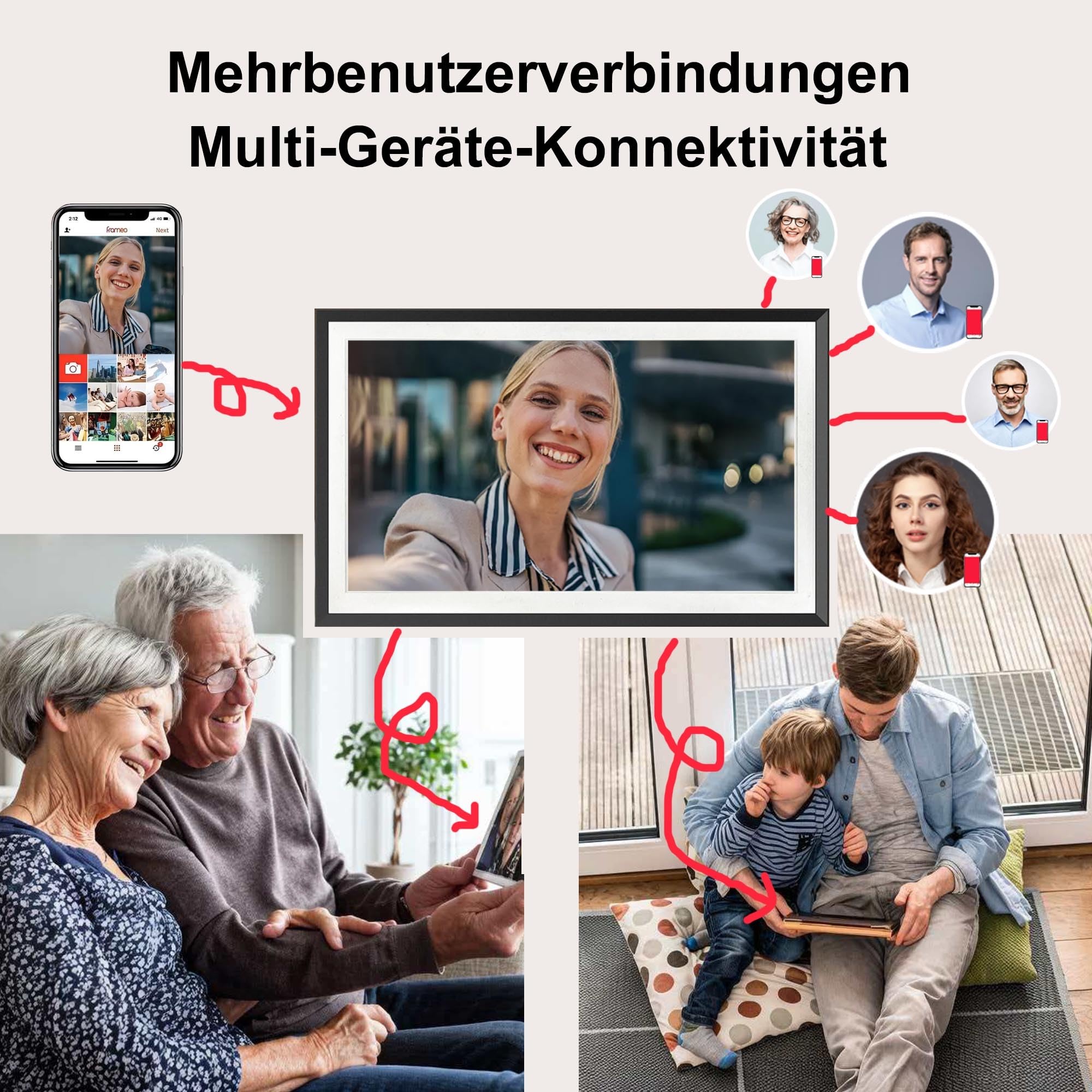 Frameo Digitaler Bilderrahmen 15,6 Zoll Full-HD - WLAN Touchscreen mit App-Steuerung, Videos mit Ton, 32GB Speicher, Geschenk für Mama, Eltern und Großeltern
