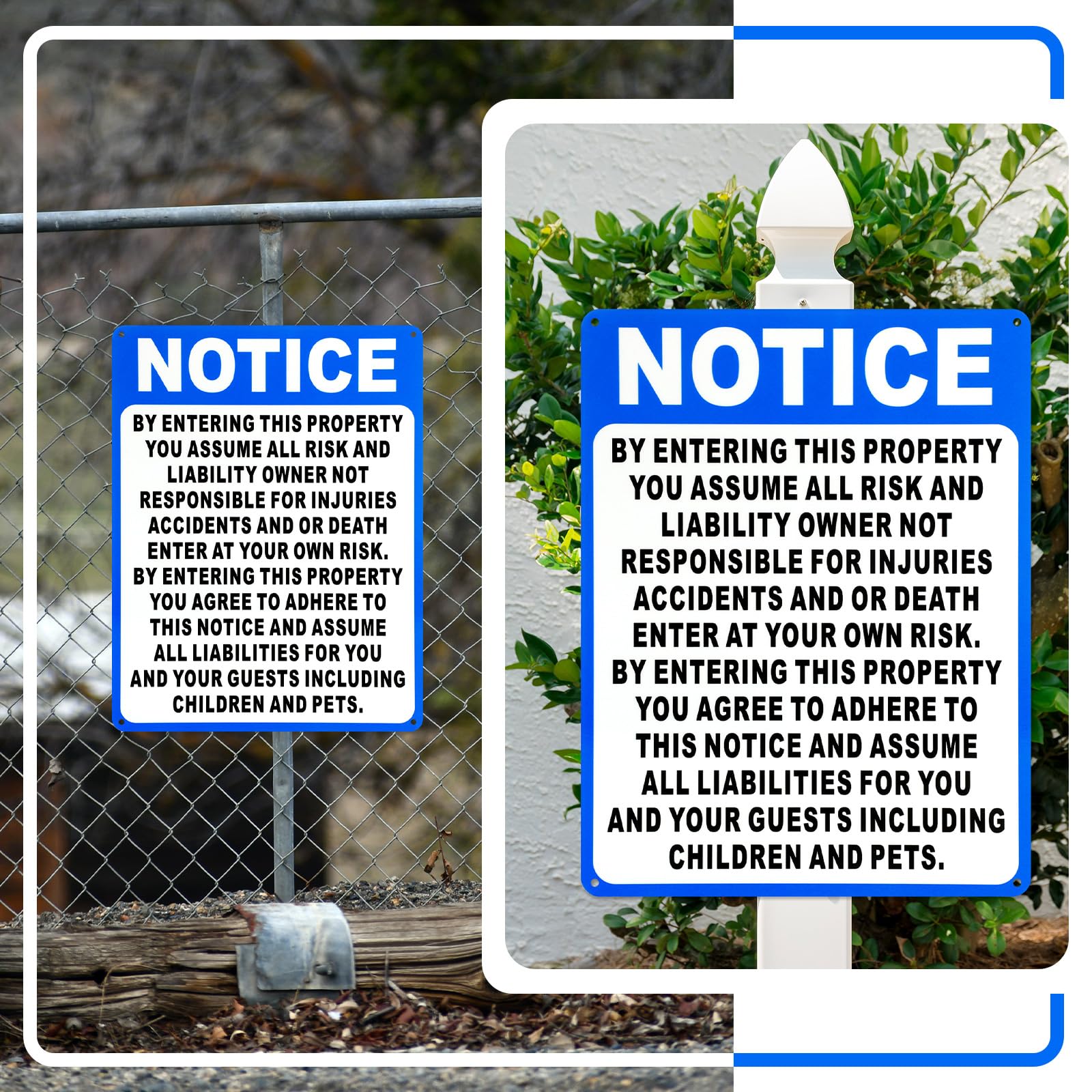4 letreros de aluminio con texto en inglés "Not Responsible for Accidents or Injuries", con texto en inglés "Enter at your own risk", 22,8 x 30,5 cm, aviso al ingresar esta propiedad para