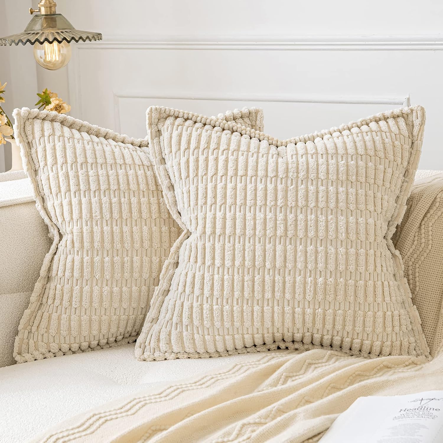 MIULEE Cream White Corduroy Pack of 2 Soft Striped Edge Modern Christmas Boho 18x18 Inch, 18x18 Pillow Inserts Pack of 2 Down Alternative Decorative Feather Throw Pillow Inserts for Sofa Bed