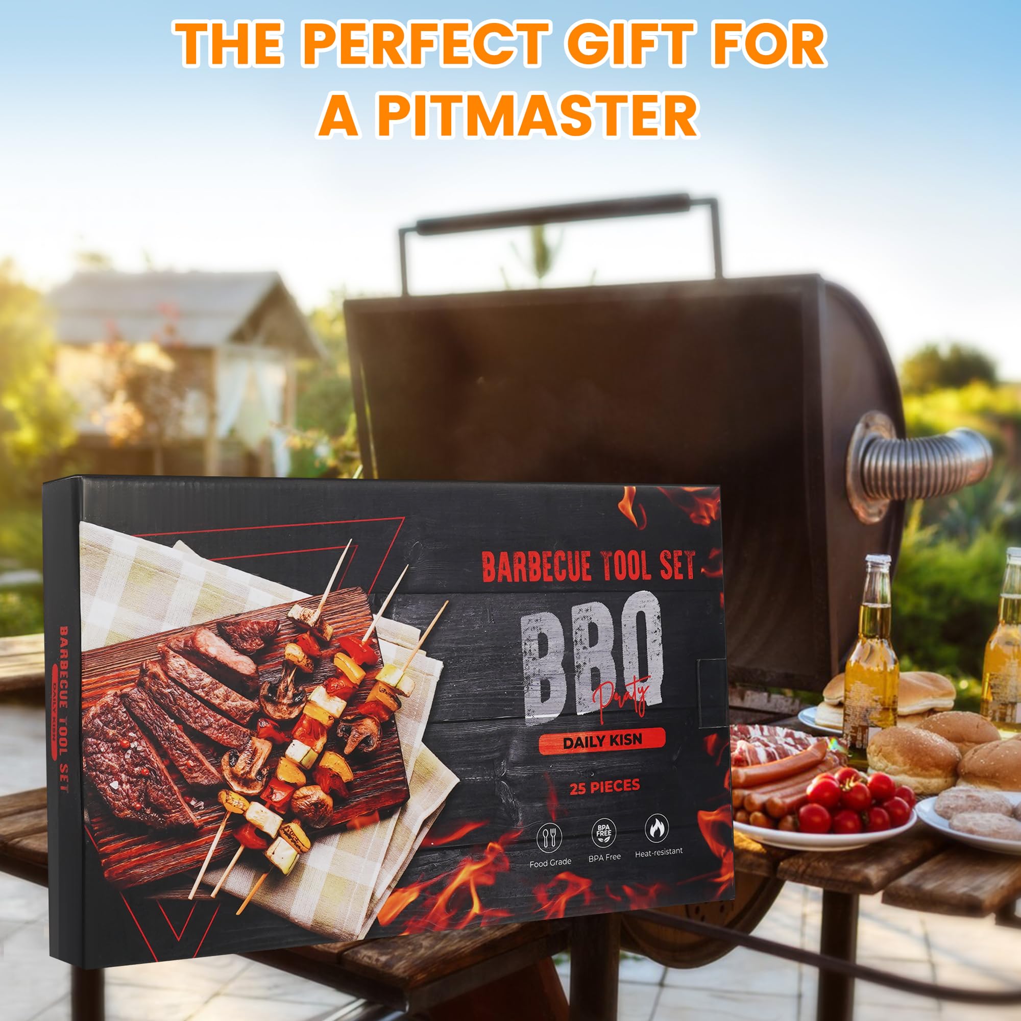 Juego de 24 Accesorios para Barbacoa, Juego de Herramientas para Barbacoa con espátula, Tenedor, Pinzas para Barbacoa, Palillos para Barbacoa, brochetas, Soporte para mazorcas de maíz