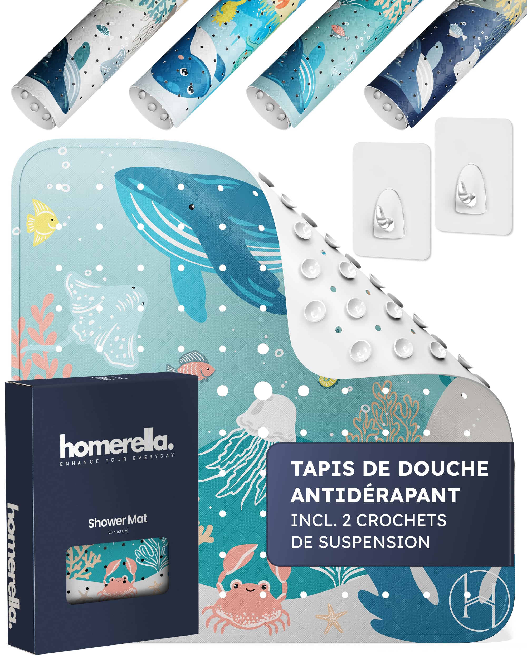 Homerella Tapis de Douche Sensible à la Peau - 53 x 53 cm - avec Suspension - Tapis de Douche antidérapant - sans BPA - sans Latex - Résistant à la moisissure et Lavable en Machine